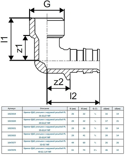 Уголок аксиальный переходной 20мм x ½"н Uponor Q&amp;E 1023020
