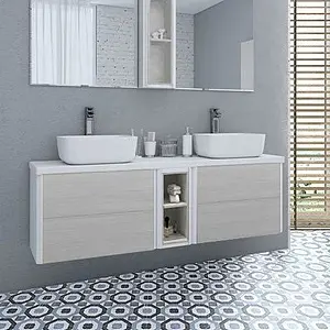 Тумба-умывальник подвесная Aquaton Брук 140 (60+20+60) дуб латте/белый, 2