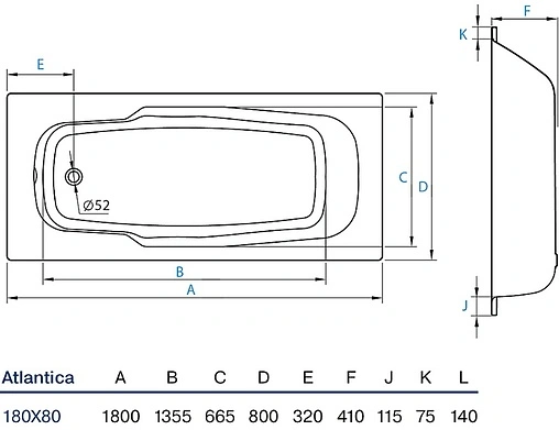 Ванна стальная Koller Pool Atlantica 180x80 с anti-slip белый B80JTI00E