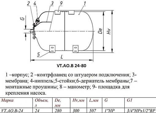 Гидроаккумулятор Valtec 24л 10 бар VT.AO.B.060024