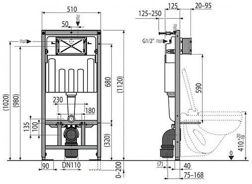 Инсталляция для подвесного унитаза Set 3 в 1 AlcaPlast Sadromodul AM101/1120+M70-001 с кнопкой белый глянцевый