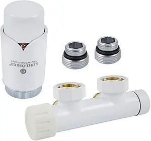 Узел нижнего подключения радиатора терморегулирующий угловой левый М22x1.5 x ¾"ек (½"н) Schlosser Duo-Plex белый 602100003, 1