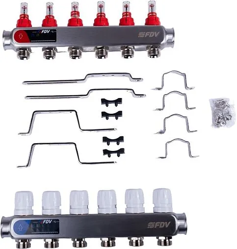 Группа коллекторная с расходомерами 6 отводов 1&quot;в/в x ¾&quot;ек FDV S1101A-1/6