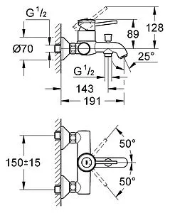 Смеситель для ванны Grohe BauClassic хром 32865000 Смеситель для ванны Grohe BauClassic хром 32865000, 2