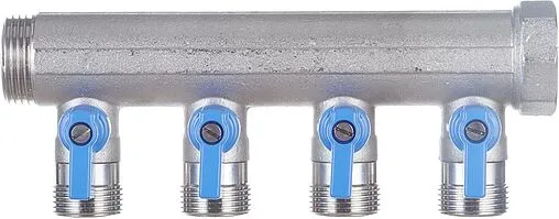 Коллектор запорный проходной 4 отвода синий 1&quot;в/н x ¾&quot;ек Henco VB060504-BLAUW
