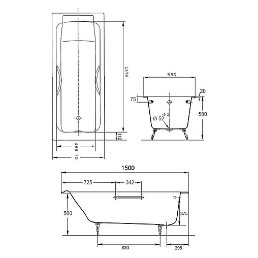 Ванна чугунная Jacob Delafon Parallel 150x70 E2949-00 Ванна чугунная Jacob Delafon Parallel 150x70 E2949-00