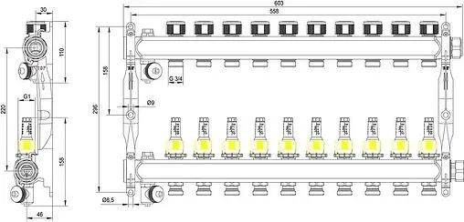 Группа коллекторная с расходомерами 10 отводов 1&quot;нг x ¾&quot;ек TECEfloor SLQ 77310010