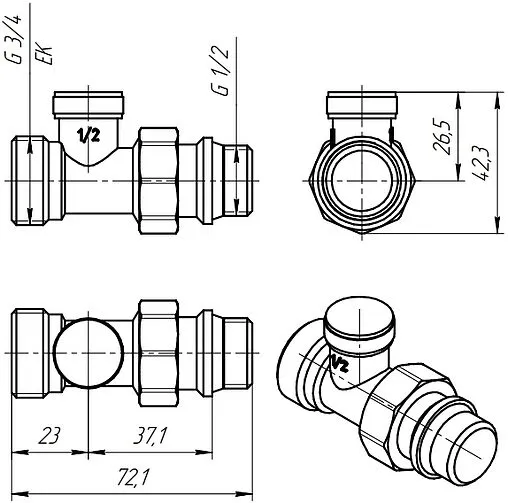 Вентиль запорный прямой ½&quot; в/н Valtec VT.020.NR.04