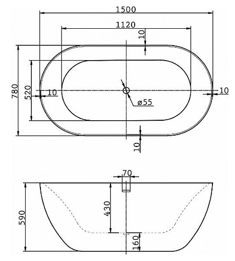 Ванна акриловая отдельностоящая BelBagno 150x78 BB27