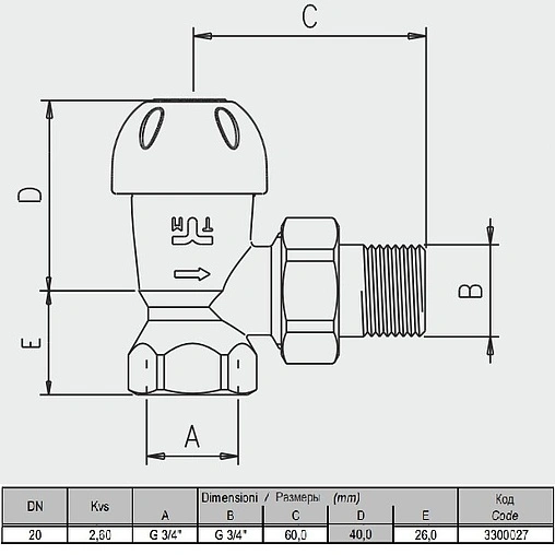 Вентиль терморегулирующий угловой ¾&quot; в/н Tiemme 3300027
