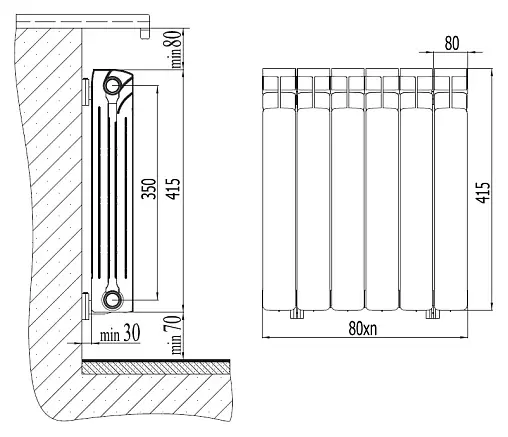 Радиатор биметаллический 12 секций нижнее правое подключение Rifar Base Ventil 350 RBVR35012