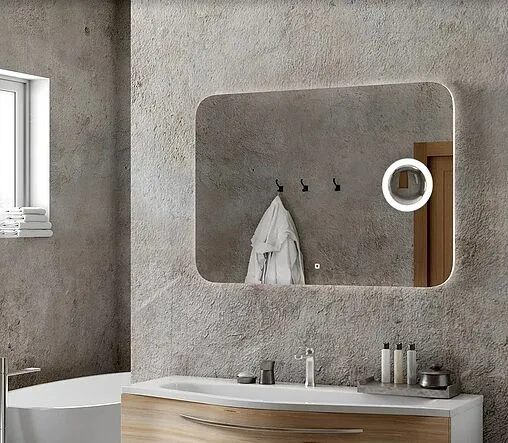 Зеркало с подсветкой Continent Elegant Led 80x60 с линзой, с музыкальным блоком, с подогревом белый ЗЛП174