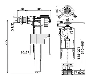 Комплект арматуры для бачка однорежимный ½" пластик боковой AlcaPlast SA2000 ½" Комплект арматуры для бачка однорежимный ½" пластик боковой AlcaPlast SA2000 ½", 2