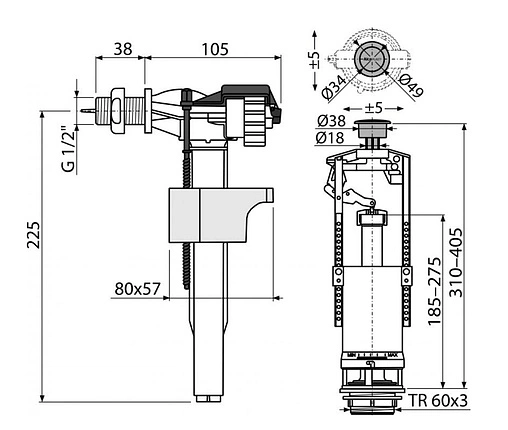 Комплект арматуры для бачка однорежимный ½&quot; пластик боковой AlcaPlast SA2000 ½&quot;
