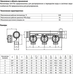 Коллектор регулирующий проходной 4 отвода ¾"в/н x ½"к Uni-fitt 410N3240 Коллектор регулирующий проходной 4 отвода ¾"в/н x ½"к Uni-fitt 410N3240, 2
