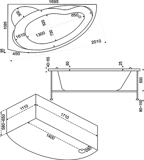 Ванна акриловая Bas Лагуна 170x110 R В00020