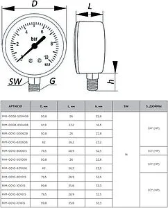 Манометр радиальный Rommer 100 мм 10 бар ½&quot; RIM-0010-101015, 2