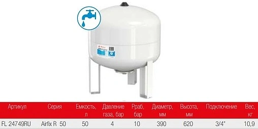 Гидроаккумулятор Flamco Airfix R 50л 10 бар 24749RU Гидроаккумулятор Flamco Airfix R 50л 10 бар 24749RU