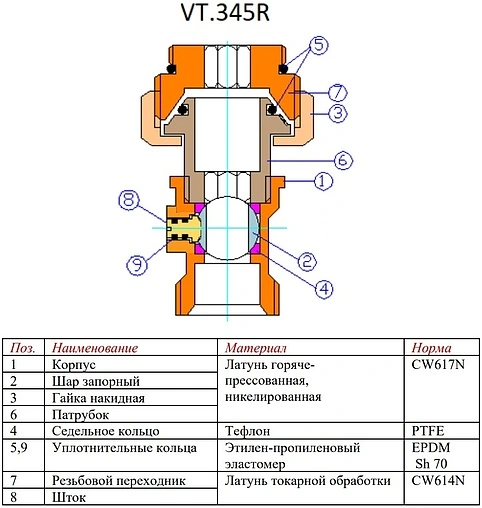 Вентиль для нижнего подключения запорный прямой ¾&quot;ек x ¾&quot;ек (½&quot;н) Valtec VT.345R.N.E04
