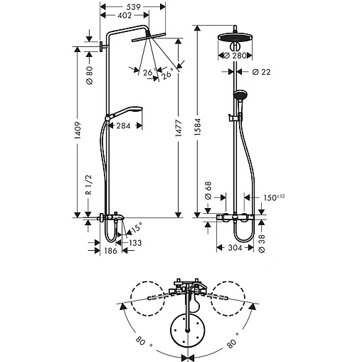 Душевая система с термостатом для ванны Hansgrohe Croma Select S 280 1jet хром 26792000