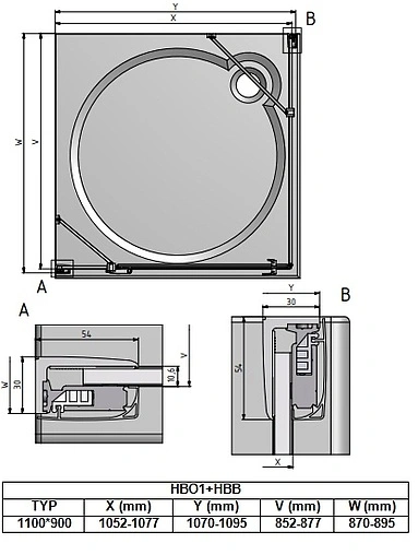 Душевое ограждение 1100x900мм прозрачное стекло Roltechnik Hitech Line HBO1+HBB/1100*900 284-1100000-06-02+286-9000000-06-02