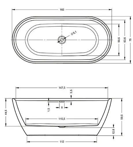 Ванна акриловая отдельностоящая Riho INSPIRE 160x75 B091001005