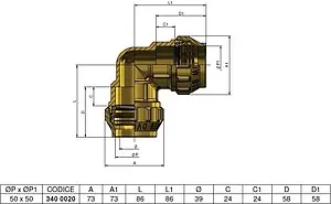 Уголок компрессионный соединительный 50мм x 50мм Tiemme 3400020 Уголок компрессионный соединительный 50мм x 50мм Tiemme 3400020, 2