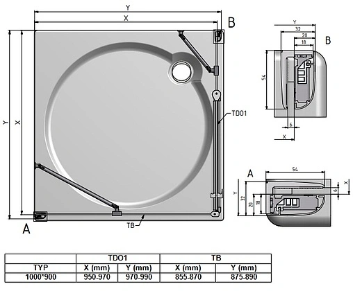 Душевое ограждение 1000x900мм прозрачное стекло Roltechnik Tower Line TDO1+TB/1000*900 724-1000000-00-02+725-9000000-00-02