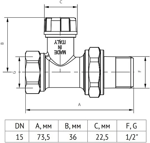 Вентиль запорный прямой ½" в/н Uni-Fitt 170N2000