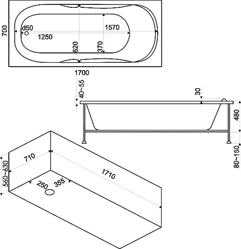 Ванна акриловая Bas Нептун стандарт 170x70 ВС00029
