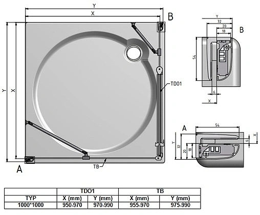 Душевое ограждение 1000x1000мм прозрачное стекло Roltechnik Tower Line TDO1+TB/1000*1000 724-1000000-00-02+725-1000000-00-02