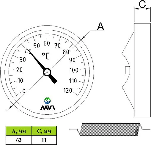 Термометр биметаллический накладной MVI 63мм 120°С ATS.63120.52