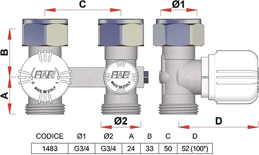 Узел нижнего подключения радиатора с байпасом терморегулирующий прямой ¾"ек x ¾"нг Far FV 1483
