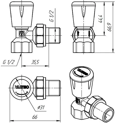 Вентиль регулирующий угловой ½" в/н Valtec VT.017.N.04
