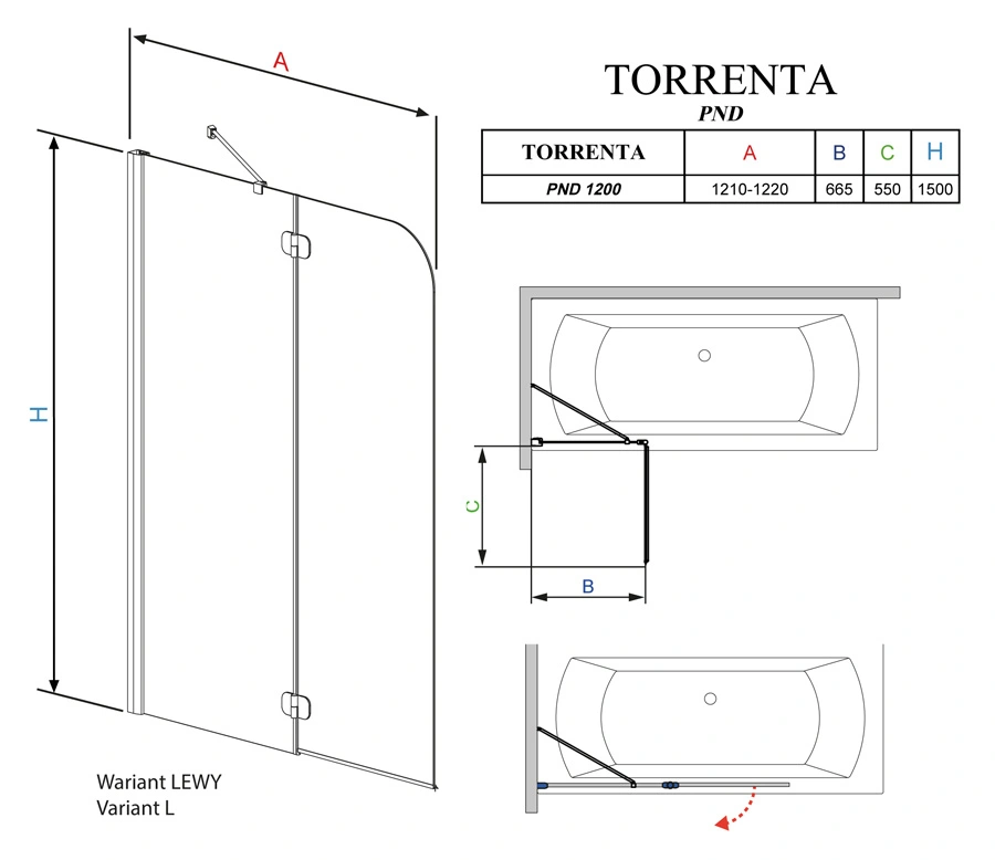 Шторка на ванну 1200мм тонированное стекло Radaway Torrenta PND PND 120 L 201203-105NL