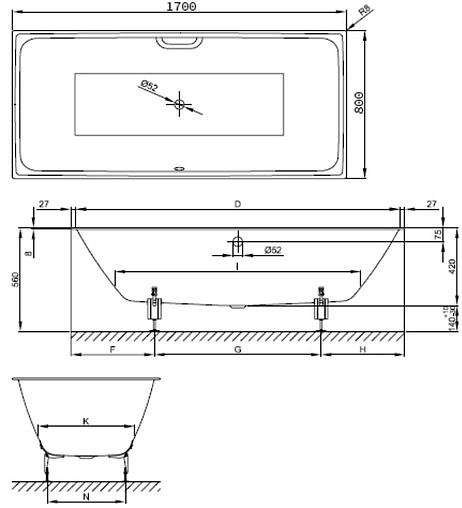 Ванна стальная Bette Loft 170x80 anti-slip Sense+easy-clean белый 3171-000 PLUS AS