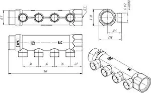 Коллектор распределительный проходной 4 отвода 1&quot;в/н x ½&quot;к Valtec VTc.500.N.0604, 2