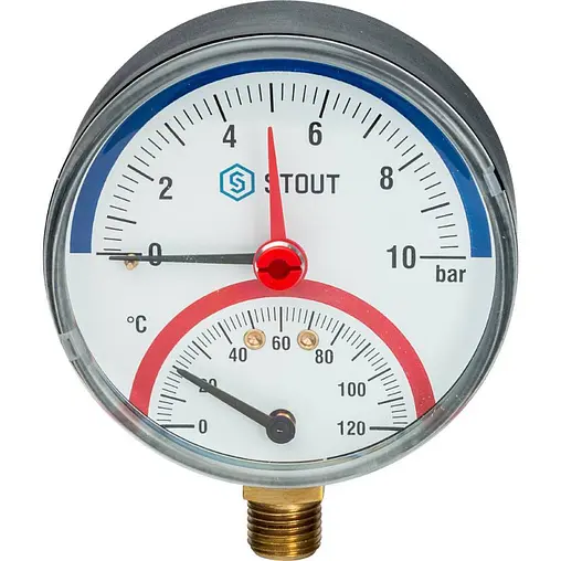 Термоманометр радиальный Stout 80мм 10 бар 120°С ½&quot; SIM-0006-801015