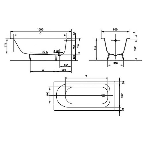 Ванна чугунная Jacob Delafon Soissons 150x70 E2941-00