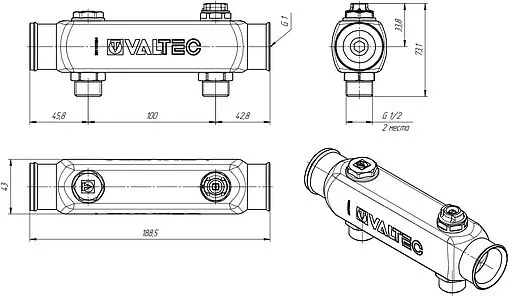 Коллектор распределительный проходной 2 отвода 1&quot;в/в x ½&quot;н Valtec VTc.510.SS.060402