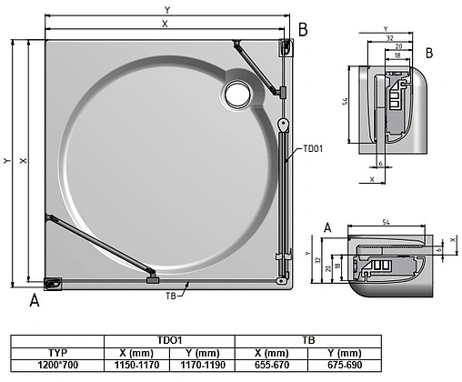 Душевое ограждение 1200x700мм прозрачное стекло Roltechnik Tower Line TDO1+TB/1200*700 724-1200000-00-02+725-7000000-00-02