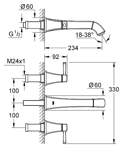 Смеситель для раковины из стены Grohe Grandera хром/золото 20415IG0