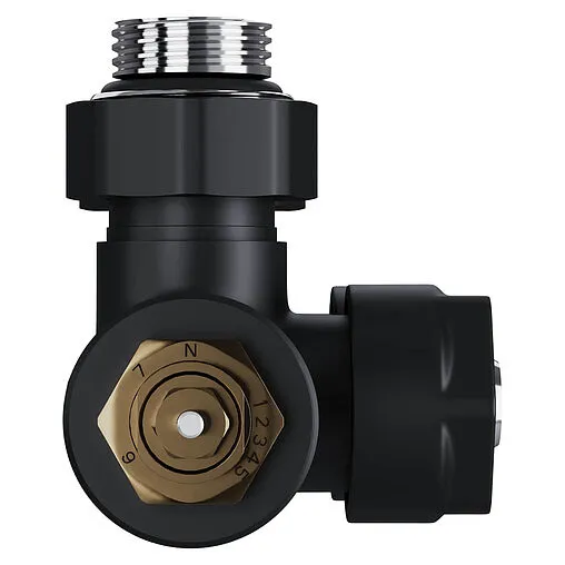 Узел нижнего подключения радиатора терморегулирующий угловой правый 15x1.0 x ¾"ек (½"н) Royal Thermo Design Pro черный RANPU11215BL