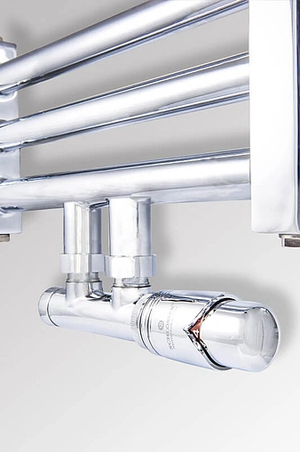 Узел нижнего подключения радиатора терморегулирующий угловой левый М22x1.5 x ¾"ек (½"н) Schlosser Duo-Plex хром 602100007