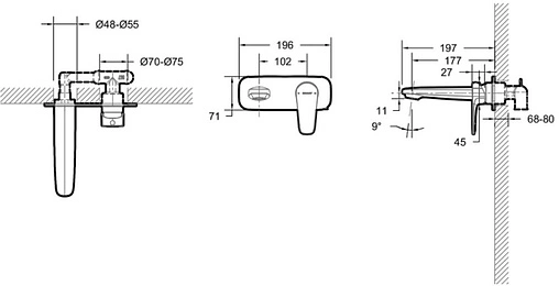 Смеситель для раковины из стены Bravat Source чёрный матовый P8173218BW-ENG