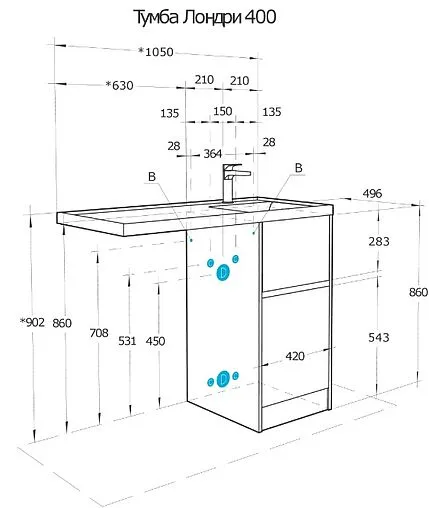 Тумба-умывальник напольная над стиральной машиной Aquaton Лондри 105 L дуб сантана 1A2670K1LH0C0+