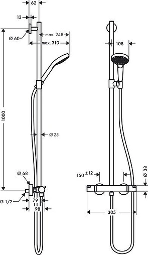 Душевая система с термостатом для душа Hansgrohe Croma Select S 110 3jet Multi SemiPipe хром/белый 27247400 Душевая система с термостатом для душа Hansgrohe Croma Select S 110 3jet Multi SemiPipe хром/белый 27247400