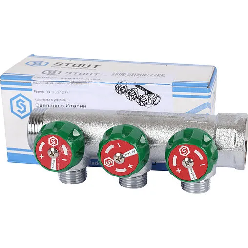 Коллектор регулирующий проходной 3 отвода ¾&quot;в/н x ½&quot;н Stout SMB-6849-341203