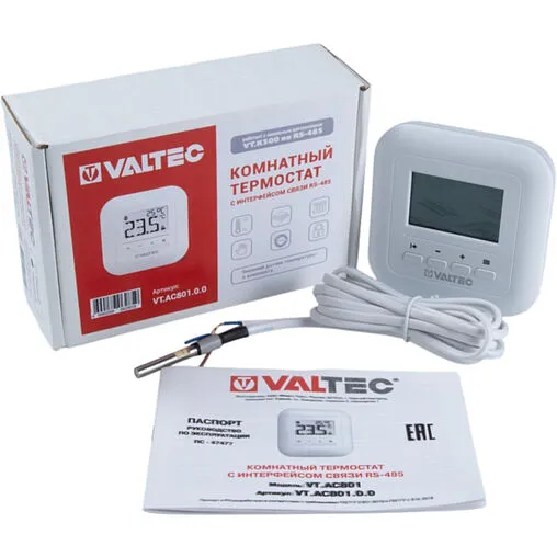 Проводной комнатный терморегулятор НО/НЗ 230В с интерфейсом связи RS-485 Valtec белый VT.AC801.0