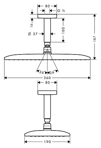 Лейка верхнего душа с потолочным креплением Hansgrohe Raindance E 360 1jet хром 27381000
